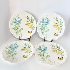 Set Of 4 New Lenox Butterfly Meadow Blue Yellow Floral Melamine Dinner Plates